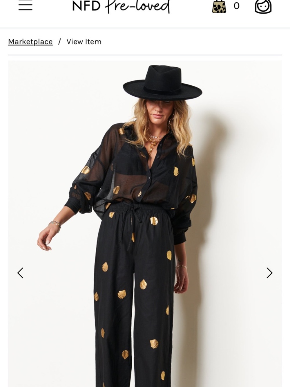 Never Fully Dressed Gabriel Black Wide-Leg Pant with Gold Shell Print